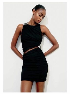 NWT ZARA Black Cutout Mini Dress with Rhinestone Bow Accents